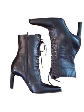 Vintage Leather ANDREA FENZI Black Lace-Up High Heel Ankle Boot/Pointed Toe